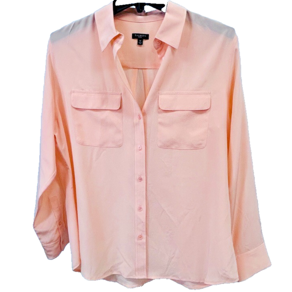 Talbots Women’s Button Down Blouse Shirt Size 8 in Peach Petite Long Sleeve